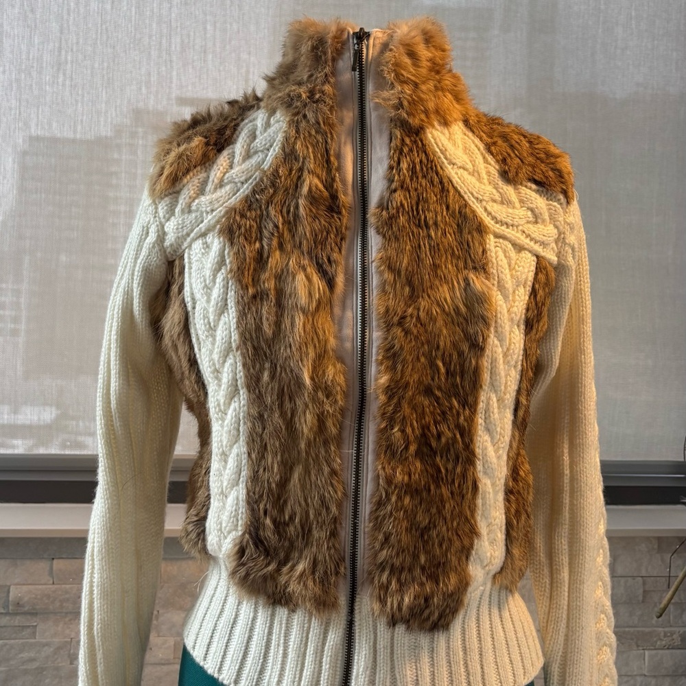 Cream Cable Knit Jacket with Brown Rabbit Fur Trim